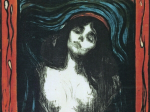 In this image provided by the Instituto Nacional de Bellas Artes, INBA, Edvard Munch's lithograph/woodcut, "Madonna," is shown. The lithograph/woodcut is part of a larger collection on loan from the Museum of Modern Art in New York City showing in the Palacio of Bellas Artes in the "Edvard Munch: graphic symbolism," exhibit in conjunction with "German Expressionism: graphic impulse" exhibit, inaugurated Tuesday, July 3, 2012, in Mexico City. (AP Photo/Museum of Modern Art)